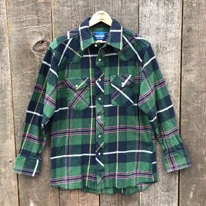 Wrangler Western Cowboy Workwear Cotton Flannel Pearl Snap Plaid Shirt Large